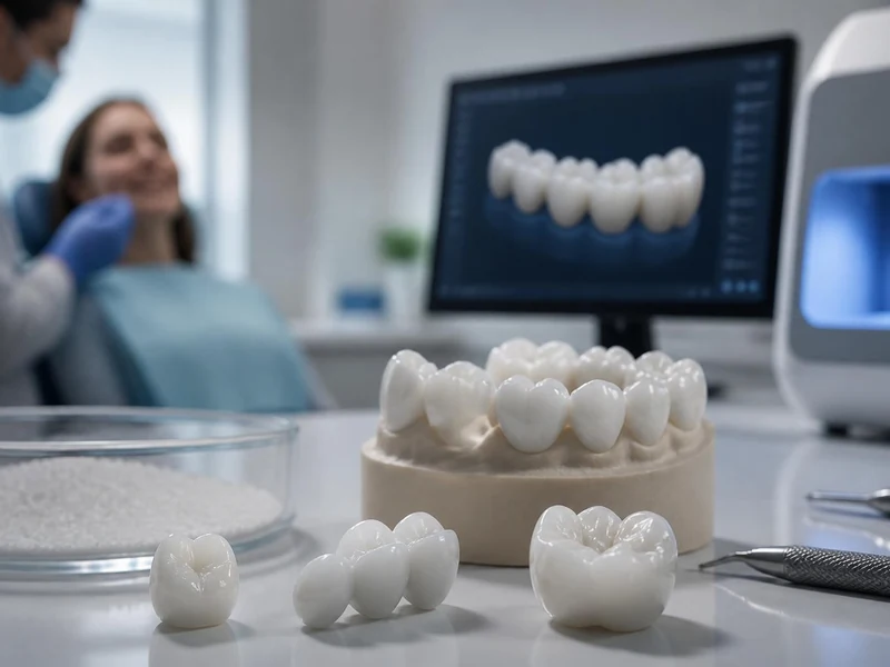 Modèle dentaire posé sur un bureau avec une couronne en zirconium en premier plan et un dentiste examinant un patient