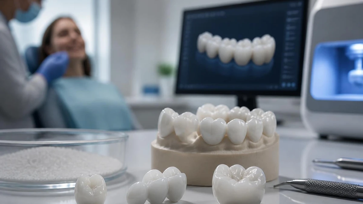 Modèle dentaire posé sur un bureau avec une couronne en zirconium en premier plan et un dentiste examinant un patient