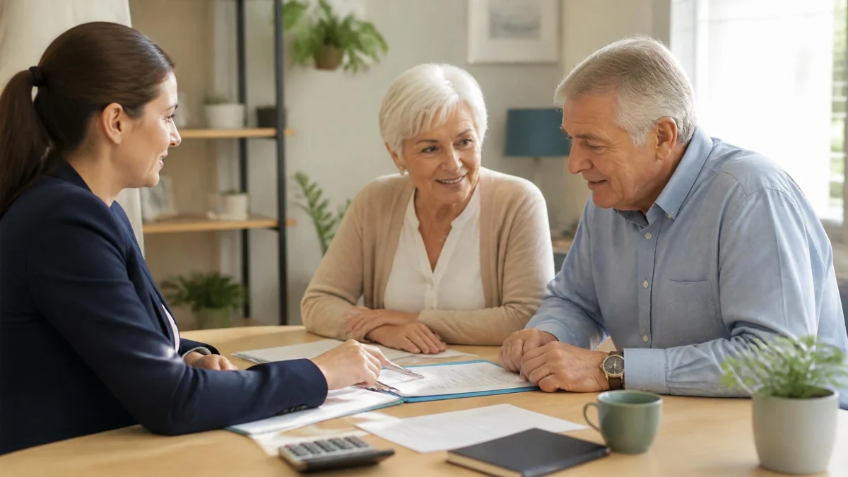 Un couple de seniors échange avec une conseillère juridique à propos d'une curatelle simple