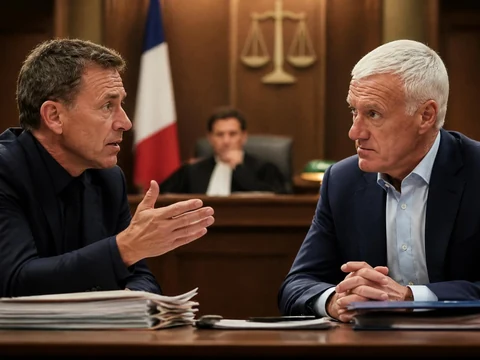 Mise en scène fictive représentant un face-à-face juridique entre Daniel Riolo Didier Deschamps dans un tribunal