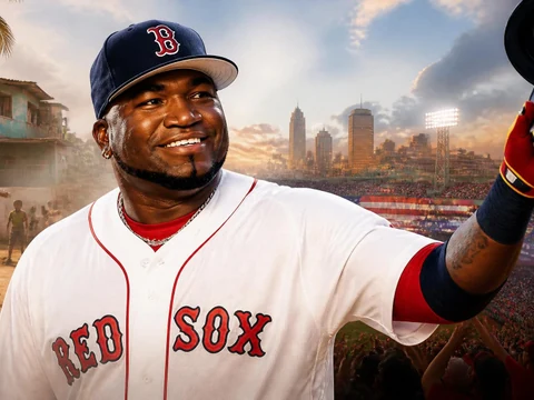 David Ortiz Big Papi sourit en portant sa tenue de baseball devant un stade en arrière-plan
