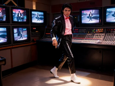 Michael Jackson pose dans un studio d'enregistrement en portant un style inspiré par les belly jeans Michael Jackson