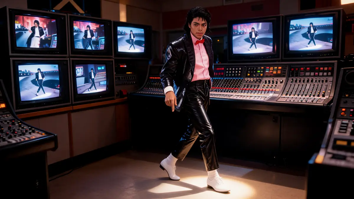 Michael Jackson pose dans un studio d'enregistrement en portant un style inspiré par les belly jeans Michael Jackson