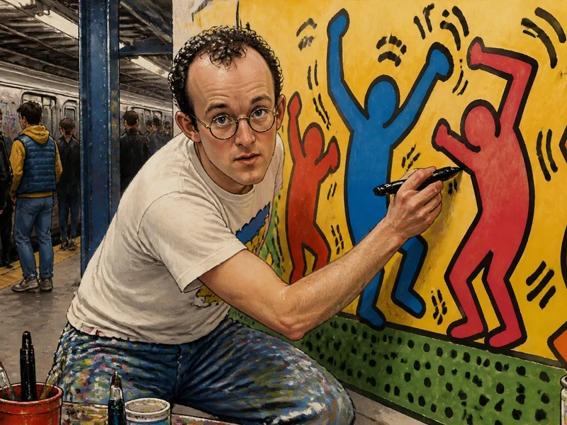 Portrait de l'artiste Keith Haring en train de dessiner ses personnages emblématiques sur un mur du métro new-yorkais
