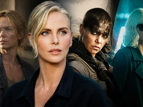 Collage montrant l'actrice dans différents rôles marquants issus des films Charlize Theron