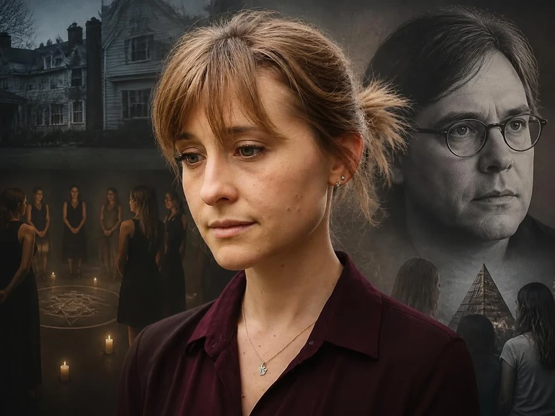 Portrait d'Allison Mack aux côtés de l'homme d'affaires Mack Allison sur un montage sombre évoquant la secte NXIVM