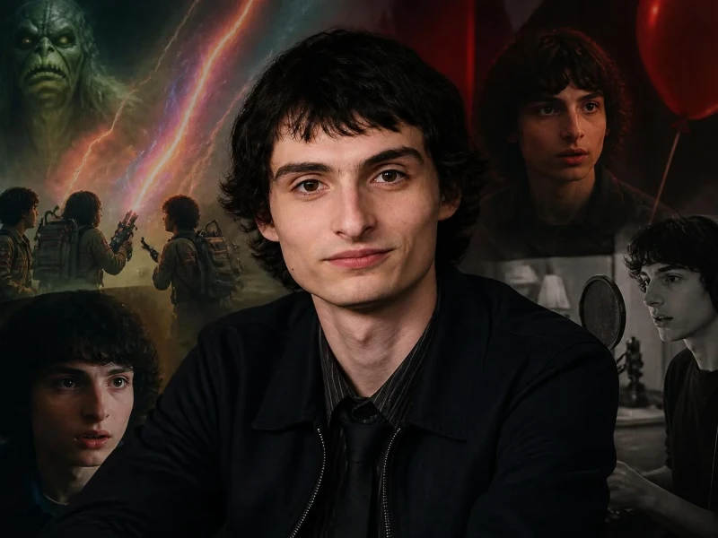 Portrait de l'acteur Finn Wolfhard entouré d'extraits illustrant les meilleurs films et séries TV avec Finn Wolfhard