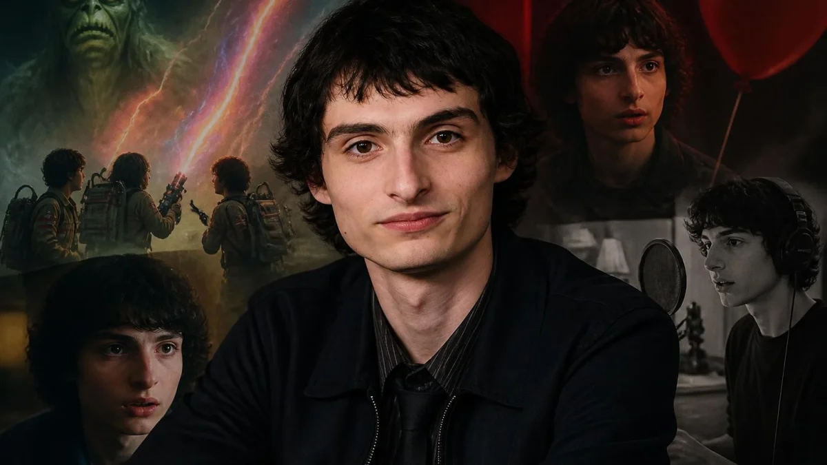 Portrait de l'acteur Finn Wolfhard entouré d'extraits illustrant les meilleurs films et séries TV avec Finn Wolfhard