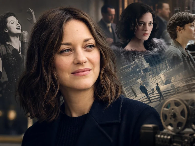 Montage photo présentant le visage de l'actrice et plusieurs rôles marquants dans des films avec Marion Cotillard