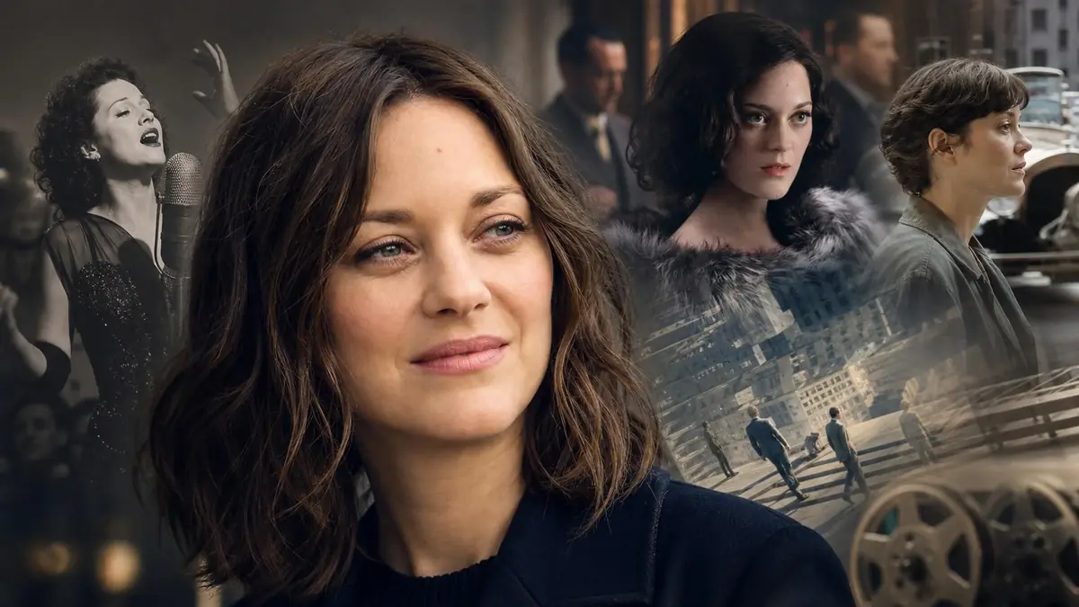 Montage photo présentant le visage de l'actrice et plusieurs rôles marquants dans des films avec Marion Cotillard
