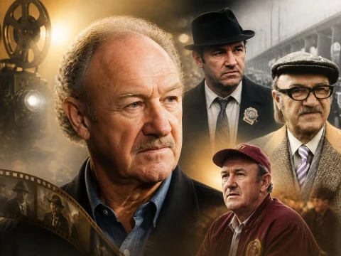 Montage photo illustrant la carrière à travers les films Gene Hackman au fil des décennies