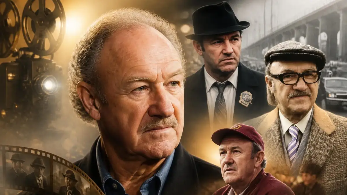 Montage photo illustrant la carrière à travers les films Gene Hackman au fil des décennies