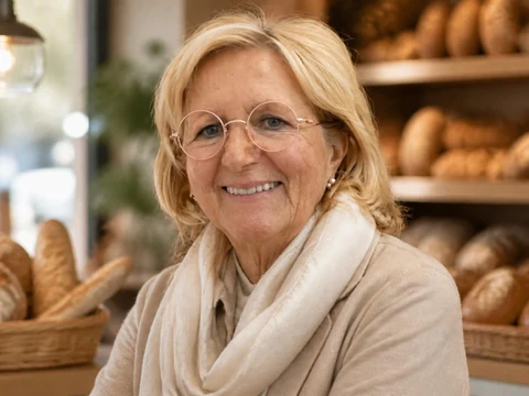 Portrait souriant de Marie-France Poulaillon dans sa boulangerie, en hommage suite au décès Marie-France Poulaillon