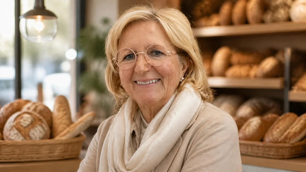 Portrait souriant de Marie-France Poulaillon dans sa boulangerie, en hommage suite au décès Marie-France Poulaillon