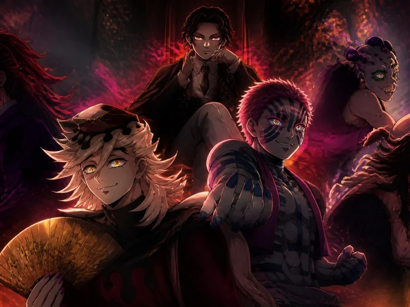 Muzan Kibutsuji entouré de chaque demon slayer lune superieur dans une ambiance sombre et menaçante