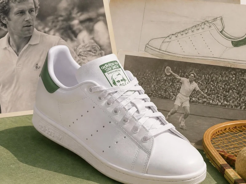 Une basket Stan Smith blanche posée près d'une raquette et de photos d'archives du joueur de tennis