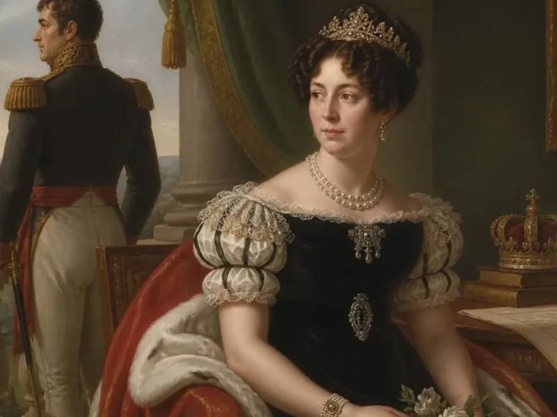 Portrait élégant représentant la reine Désirée Clary assise en robe sombre avec des bijoux près d'un officier en uniforme