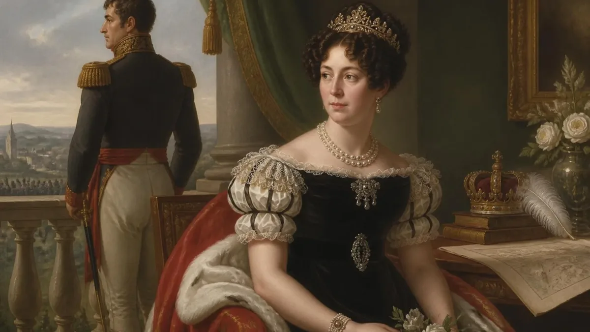 Portrait élégant représentant la reine Désirée Clary assise en robe sombre avec des bijoux près d'un officier en uniforme