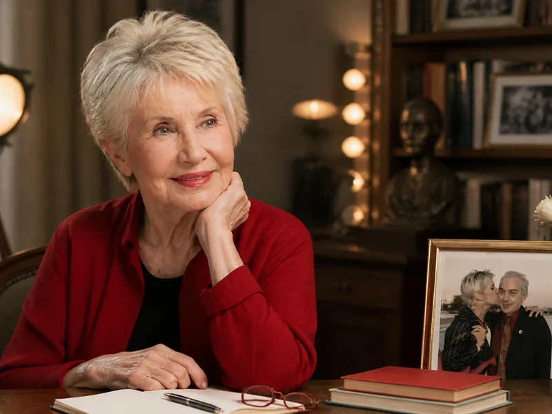 Portrait souriant et élégant de Danièle Gilbert aujourd'hui assise à son bureau avec une photo souvenir à ses côtés