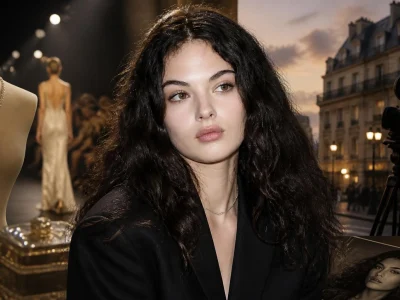 Portrait de Deva Cassel avec ses longs cheveux bruns, posant élégamment dans une ambiance sophistiquée