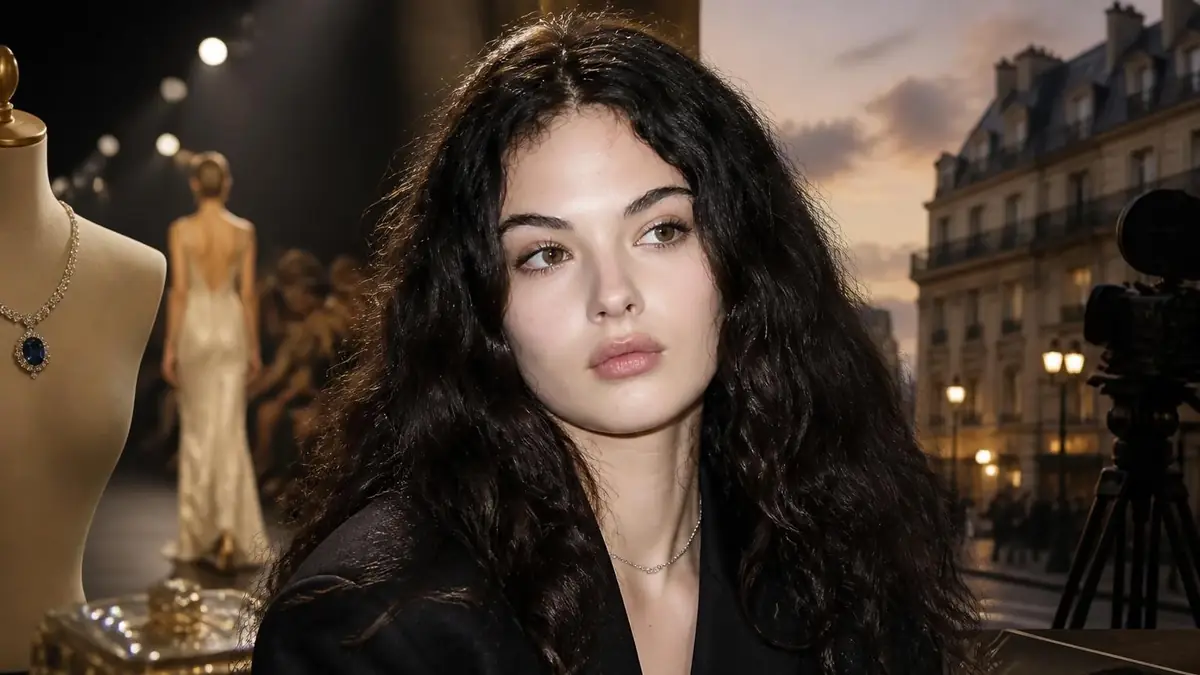 Portrait de Deva Cassel avec ses longs cheveux bruns, posant élégamment dans une ambiance sophistiquée