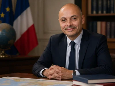 Portrait officiel de Didier Le Bret assis à son bureau avec un globe terrestre en arrière-plan
