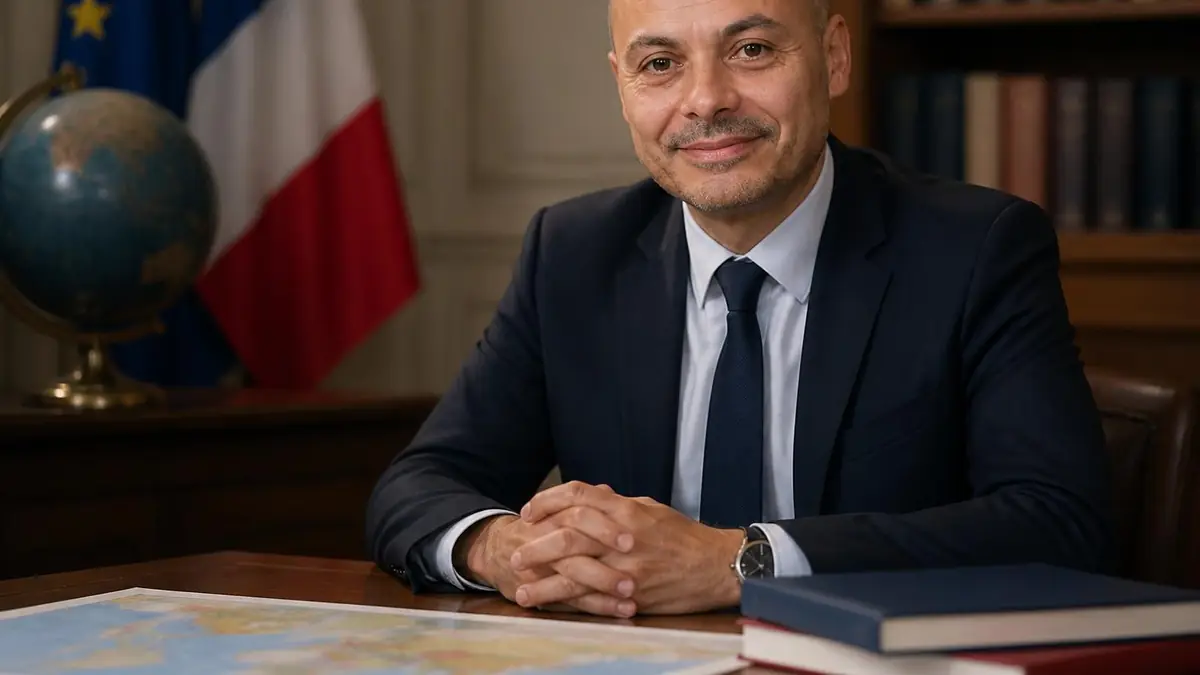 Portrait officiel de Didier Le Bret assis à son bureau avec un globe terrestre en arrière-plan