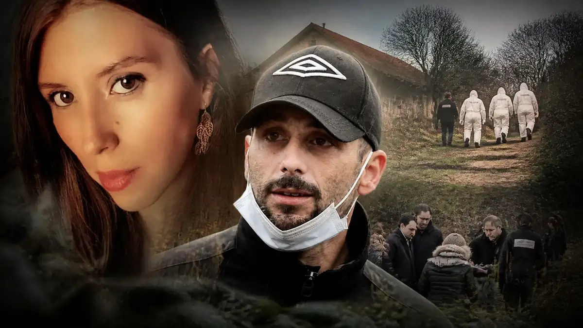 Montage photo illustrant l'enquête sur la disparition Delphine Jubillar avec son mari et des techniciens de police