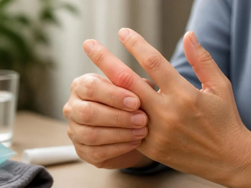 Une personne examine son doigt gonflé et du mal à le plier en raison d'une inflammation articulaire