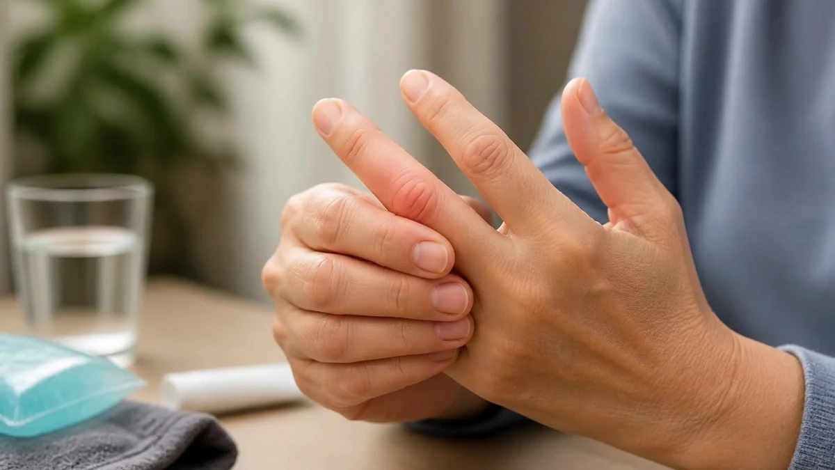 Une personne examine son doigt gonflé et du mal à le plier en raison d'une inflammation articulaire