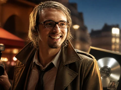 Portrait souriant de Christophe Willem Double Jeu devant la tour Eiffel avec des photographes en arrière-plan