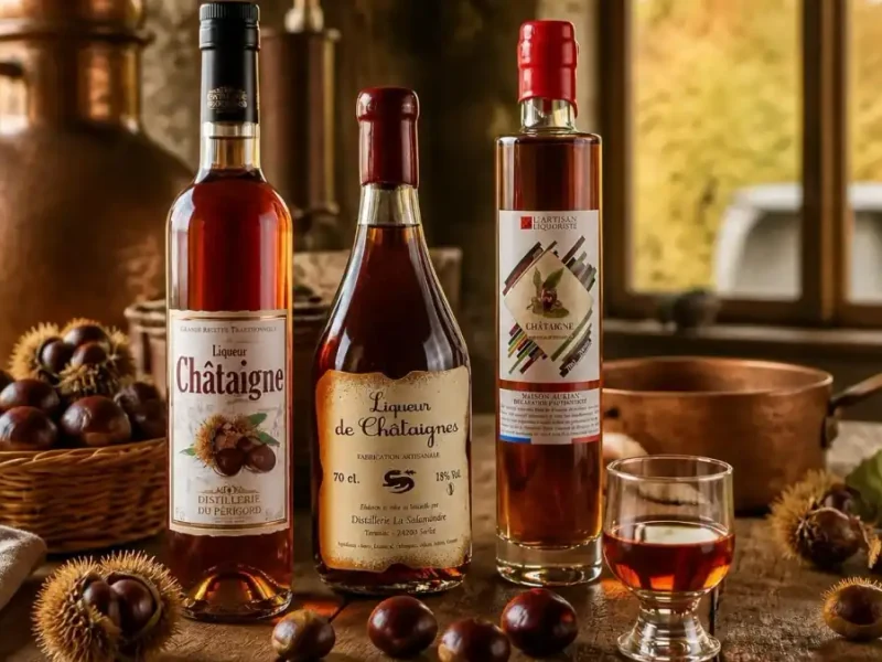 Trois bouteilles de liqueur de châtaignes accompagnées de châtaignes fraîches sur une table en bois rustique