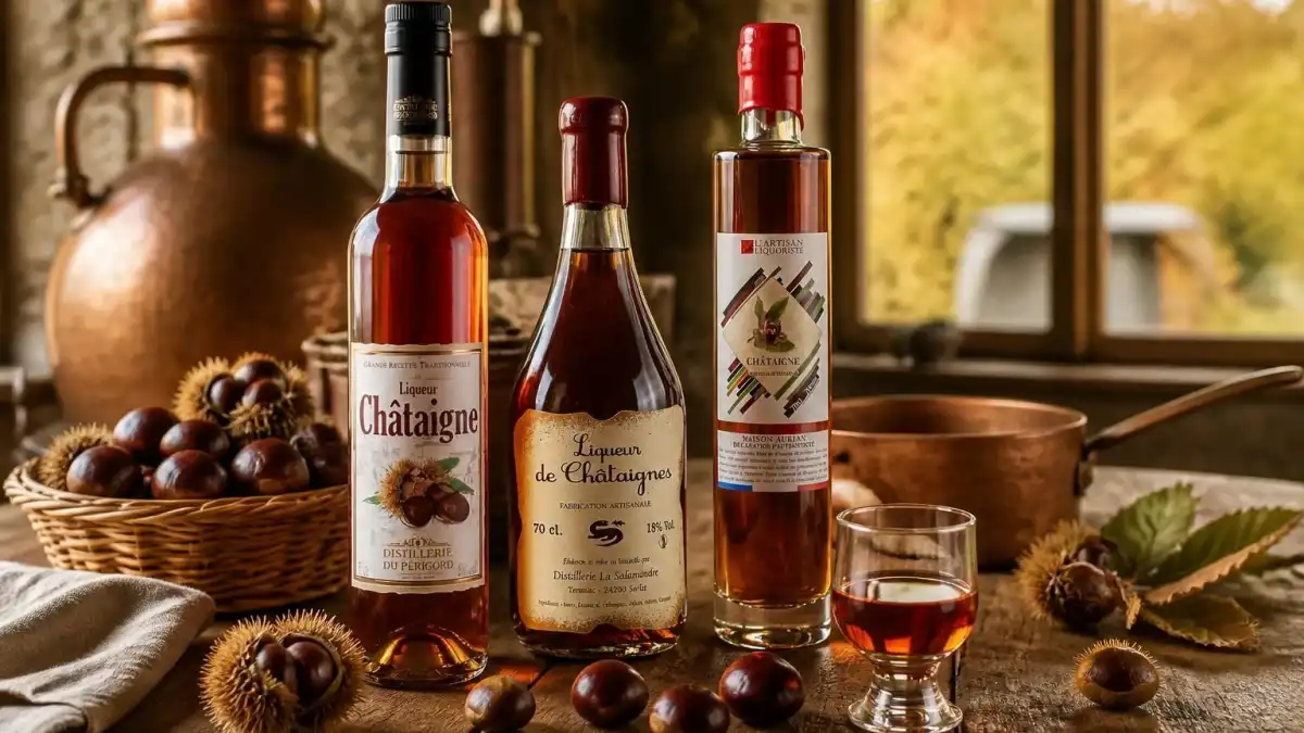 Trois bouteilles de liqueur de châtaignes accompagnées de châtaignes fraîches sur une table en bois rustique
