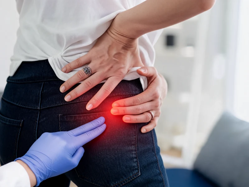 Un médecin examine une zone de douleur fessier après prothèse de hanche chez une patiente
