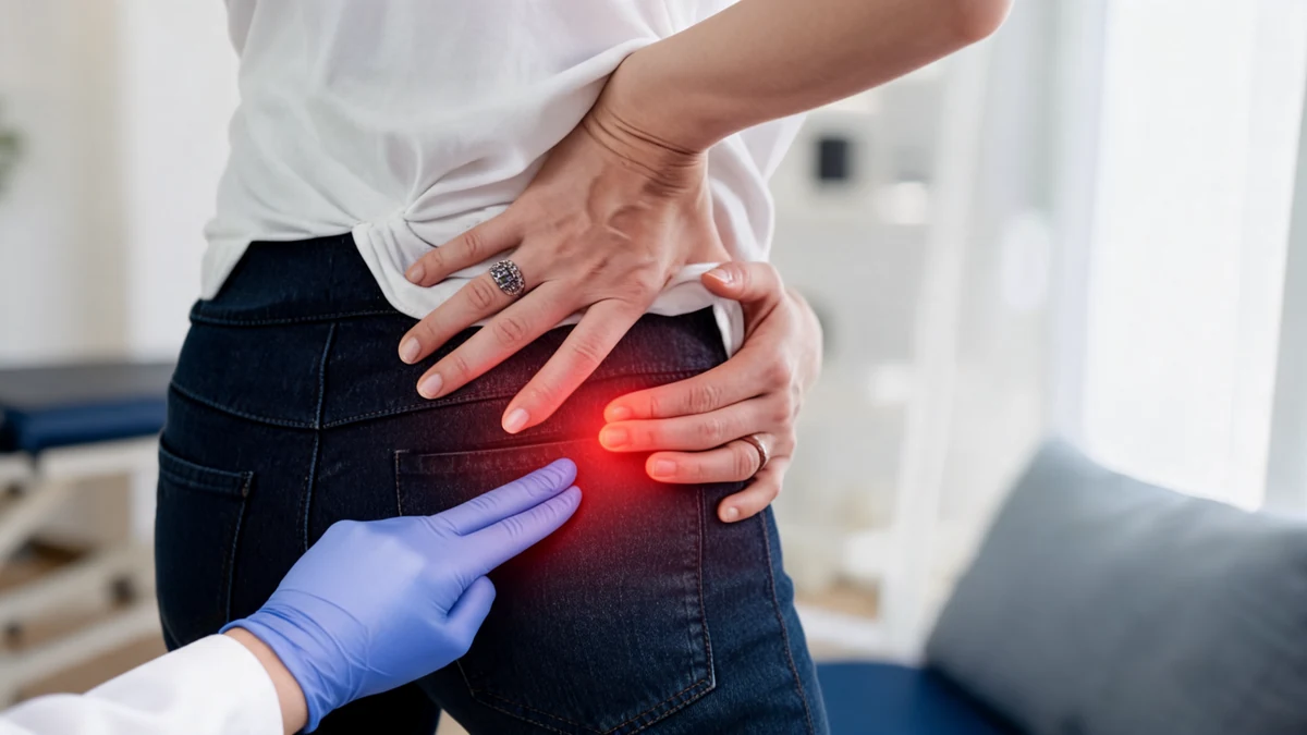 Un médecin examine une zone de douleur fessier après prothèse de hanche chez une patiente