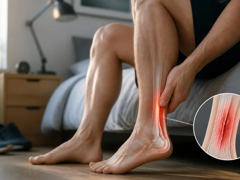 Un homme assis sur son lit ressent une douleur tendon d'Achille au réveil illustrée par un schéma anatomique