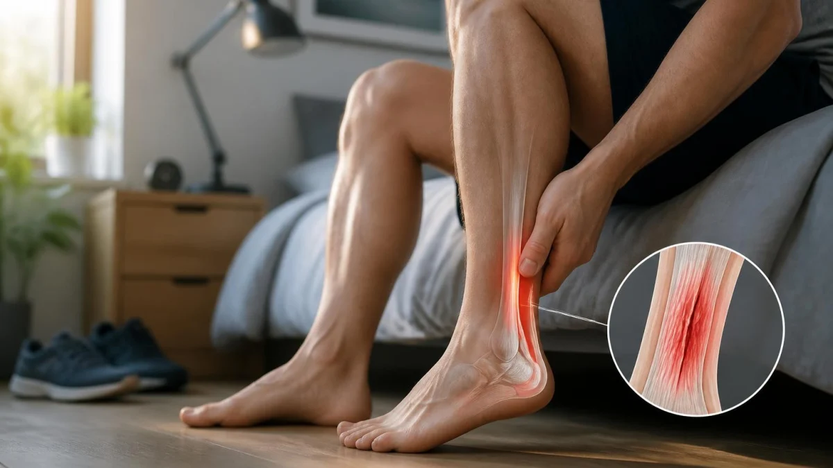 Un homme assis sur son lit ressent une douleur tendon d'Achille au réveil illustrée par un schéma anatomique