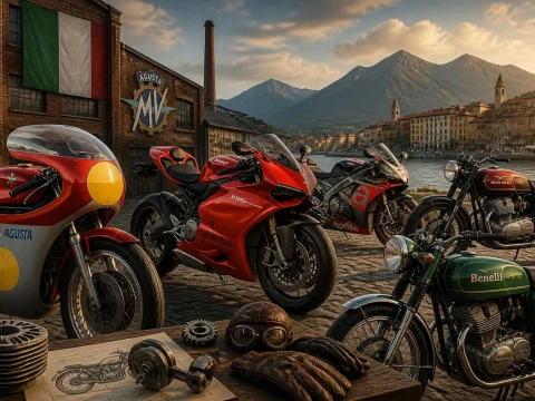 Plusieurs motos de sport garées devant une usine historique illustrent le savoir-faire de chaque marque moto italienne