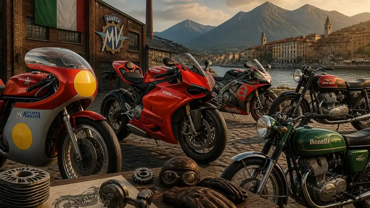Plusieurs motos de sport garées devant une usine historique illustrent le savoir-faire de chaque marque moto italienne