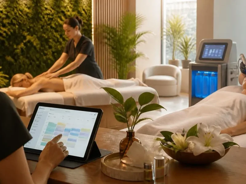 Une esthéticienne utilise une tablette dans un salon Edayspa où des clientes reçoivent des soins relaxants et technologiques