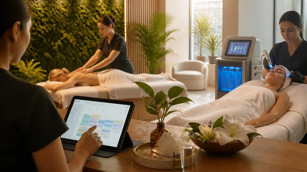 Une esthéticienne utilise une tablette dans un salon Edayspa où des clientes reçoivent des soins relaxants et technologiques