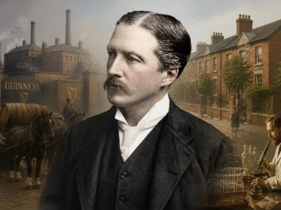 Portrait historique d'Edward Guinness avec, en arrière-plan, une brasserie et un scientifique au travail
