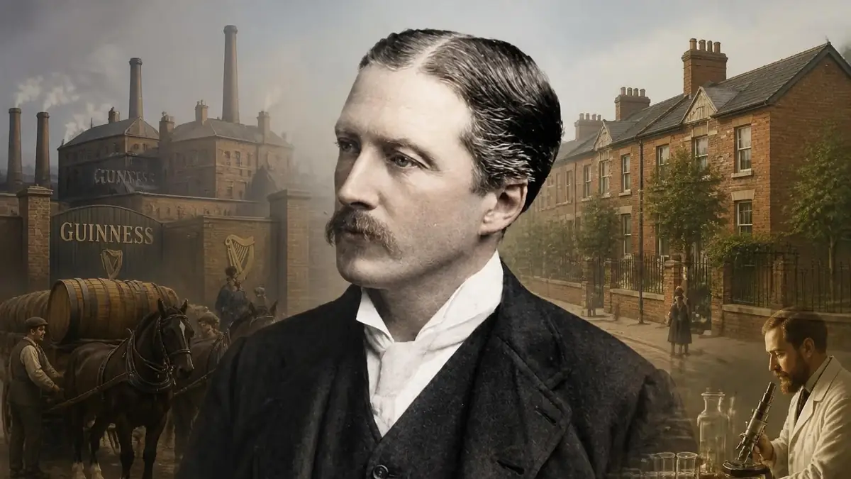 Portrait historique d'Edward Guinness avec, en arrière-plan, une brasserie et un scientifique au travail