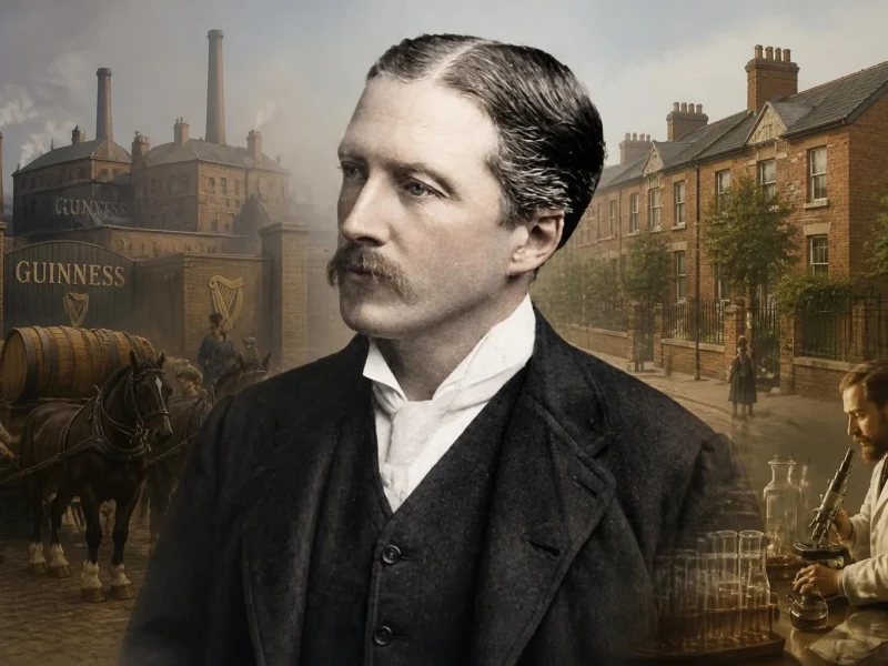 Portrait historique d'Edward Guinness avec, en arrière-plan, une brasserie et un scientifique au travail