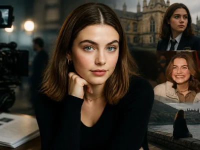 Portrait de l'actrice Ella Bright entourée d'images évoquant son parcours cinématographique et académique