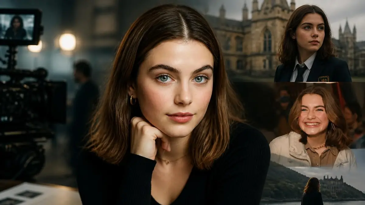 Portrait de l'actrice Ella Bright entourée d'images évoquant son parcours cinématographique et académique