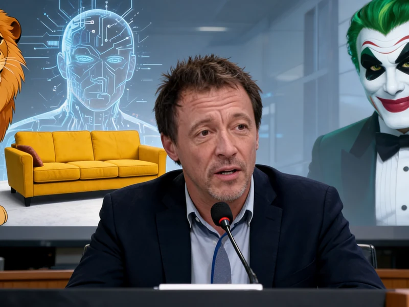 Portrait du comédien Emmanuel Curtil devant un décor illustrant ses rôles emblématiques de doublage