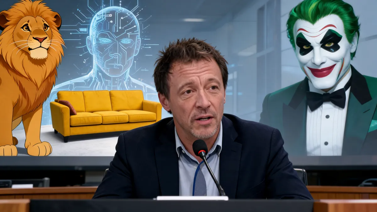 Portrait du comédien Emmanuel Curtil devant un décor illustrant ses rôles emblématiques de doublage