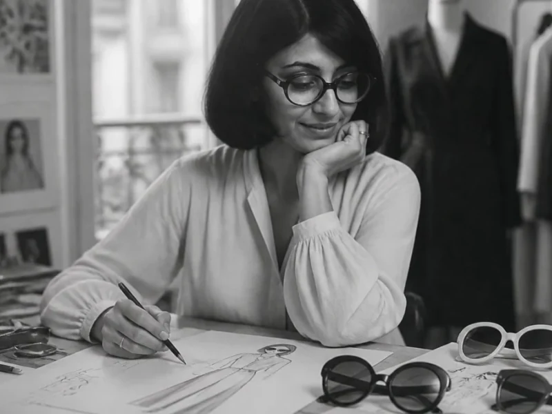 La styliste Emmanuelle Khanh dessinant des croquis de mode dans son atelier avec des lunettes sur le nez