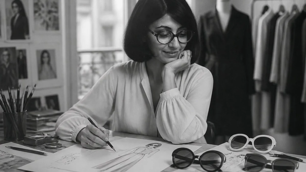 La styliste Emmanuelle Khanh dessinant des croquis de mode dans son atelier avec des lunettes sur le nez